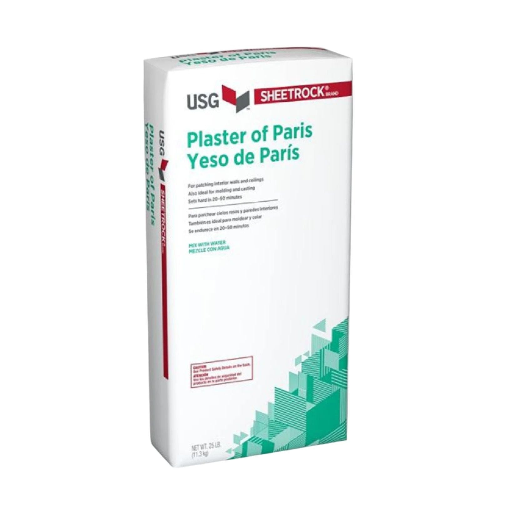Introducing the USG 380261 Plaster of Paris, a bilingual-labeled product ideal for drywall repair. This 25 lb (11.3 kg) package features a white design with red and green accents, making it perfect for efficiently patching walls and ceilings.
